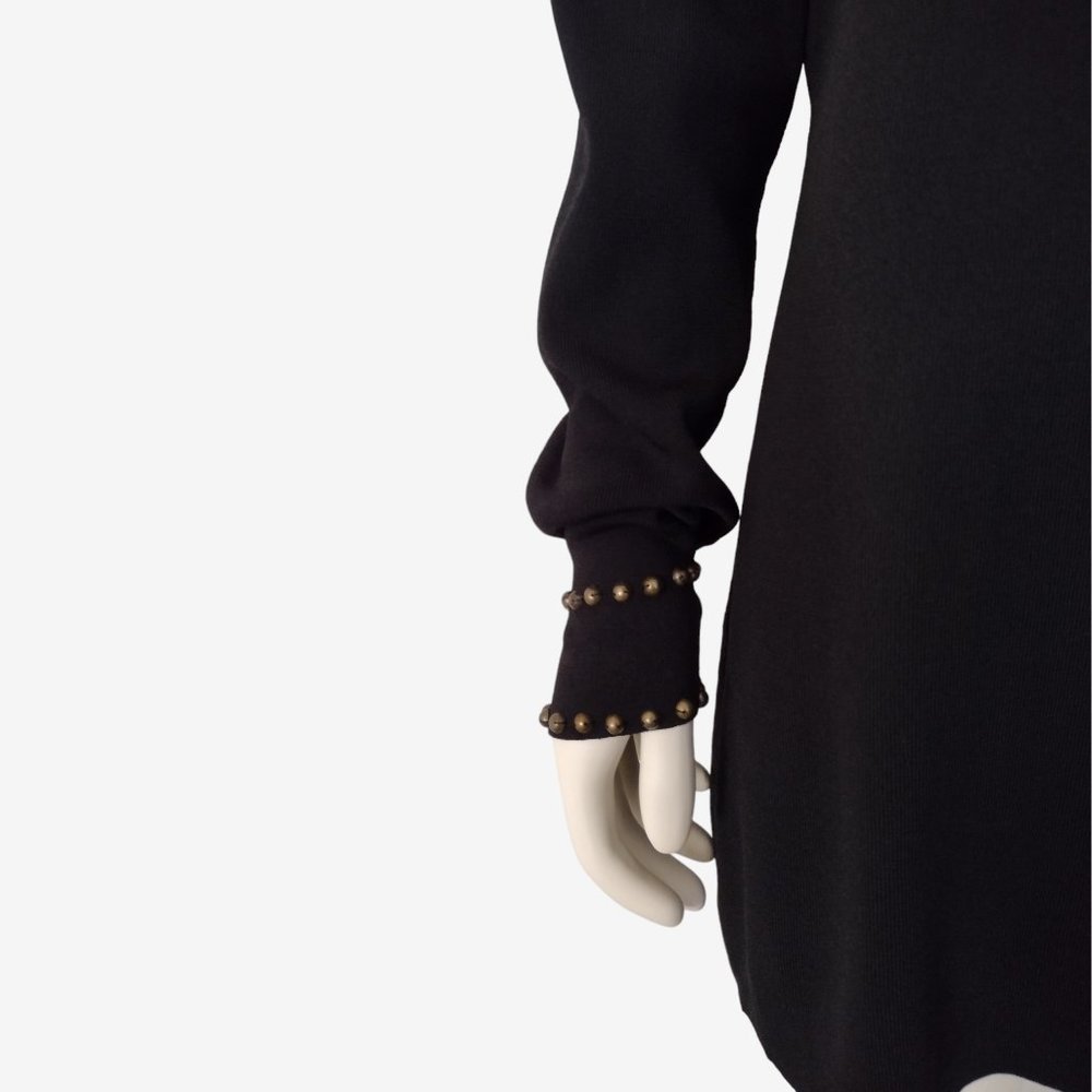 Grace Black Boat Neck Long Sleeved Beaded Fitted Stretch Knit Mini Dress - Picture 7 of 11